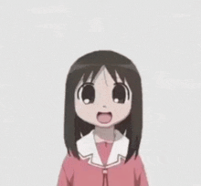 a little girl with brown hair is wearing a pink shirt with a white collar .