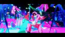 a couple of anime characters standing next to each other in a neon room .