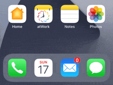 a phone screen with icons for home atwork notes photos and a phone