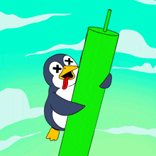 a cartoon of a penguin holding a green tube with a red tongue sticking out