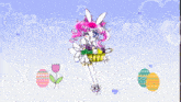 a girl with pink hair is holding a basket of flowers surrounded by easter eggs
