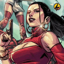 a cartoon of a woman holding a gun with a lightning bolt in the background
