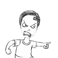 a black and white drawing of an angry person pointing