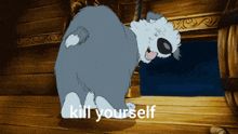 a cartoon dog hanging from a rope with the words kill yourself written below it