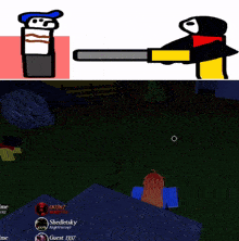 a drawing of a penguin holding a chainsaw next to a drawing of a penguin holding a phone