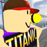 a roblox character wearing a red hat and a purple shirt that says titanic