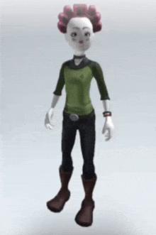 a cartoon character with curly hair and a green shirt