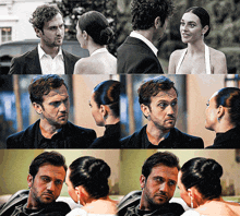 a man and a woman are looking at each other in a collage of photos