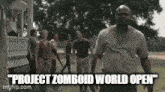 a group of zombies are walking in front of a house and a man is standing in the foreground .