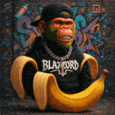 a monkey wearing a black jacket that says blazord