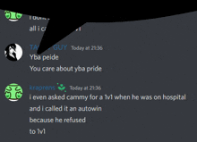 a screenshot of a discord conversation between krapres and yba peide