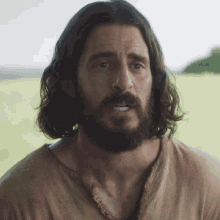 a man with long hair and a beard is looking at the camera