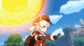 a pixel art of a girl in a red hat standing in front of a large yellow object .