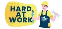 an illustration of a man holding a wrench with the words hard at work behind him
