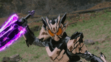 a cartoon character holding a sword with purple lightning coming from it
