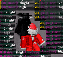 a person in a santa suit is standing in front of a wall of text