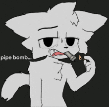 a drawing of a cat smoking a pipe with the words pipe bomb below it