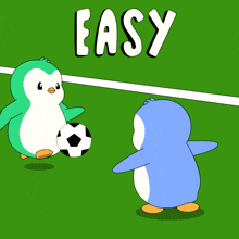 two penguins are playing soccer and the word easy is on the green background