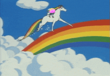 a child is riding a unicorn on a rainbow