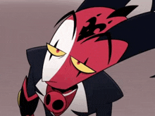 a cartoon character with a red and white face and yellow eyes is wearing a suit and tie