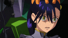 a close up of a cartoon character with purple hair and yellow eyes