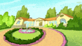a cartoon drawing of a large house with a fountain in the front yard