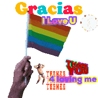 a hand holding a rainbow flag with the words " gracias i love u " on it