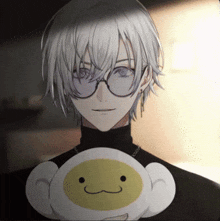a boy with white hair and glasses is holding a stuffed animal .