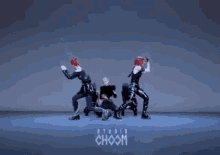 a group of young women are dancing in front of a studio choom logo