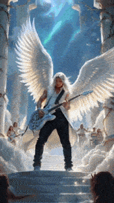 a man with angel wings is playing a guitar in front of a crowd