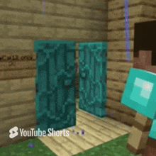 a minecraft video of a man standing in a doorway