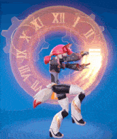 a video game character stands in front of a clock with roman numerals xii ii and iii