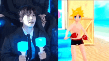 a man in a suit and tie is holding a light stick next to a cartoon character in a bathing suit .