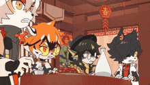 a group of cartoon characters are gathered around a table with a sign that says ' 春 ' on it