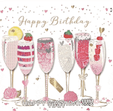 a birthday card with glasses of champagne and the words " happy birthday "