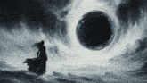 a woman in a black dress stands in front of a black hole in the sky