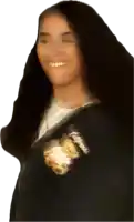 a woman wearing a black jacket with the word california on the sleeve