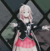 a girl in a red skirt stands in front of a window with her arms outstretched