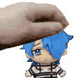 a hand is putting a stuffed animal on top of a chibi character with blue hair .