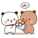 a panda bear is giving a bouquet of flowers to another bear .