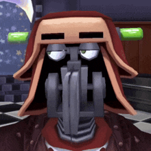 a cartoon character with a red hood and green eyes looks at the camera