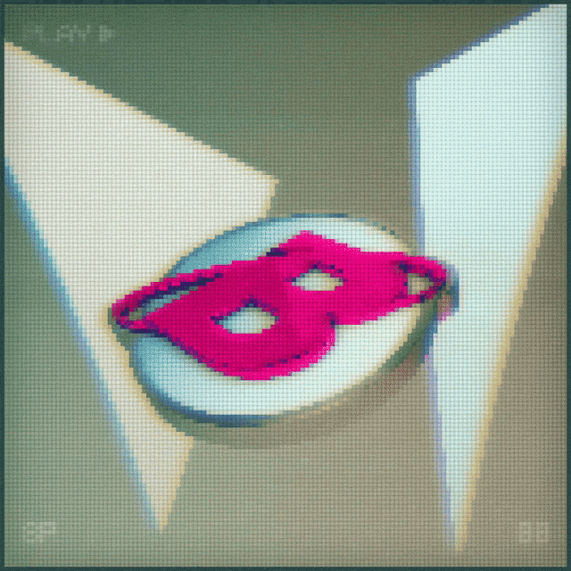 a pixelated image of a pink mask with the letter b in the middle