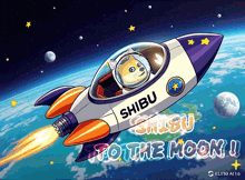 a dog in a space suit is on a rocket with the words shibu to the moon