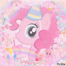 pinkie pie from my little pony is wearing a party hat and surrounded by candy