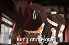 a couple of anime characters with the words kuru and signs written on the bottom