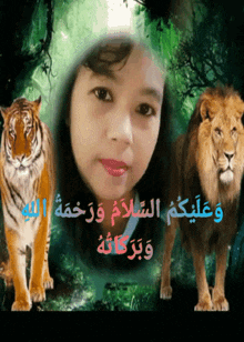 a picture of a girl with a tiger and a lion in the background