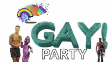 the word party is on a white background with a man holding a rainbow balloon