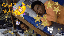a picture of a man sleeping with the words good night written above him