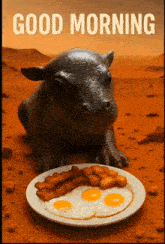 a hippopotamus laying next to a plate of bacon eggs and hash browns