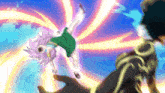 a girl with purple hair is being held up in the air